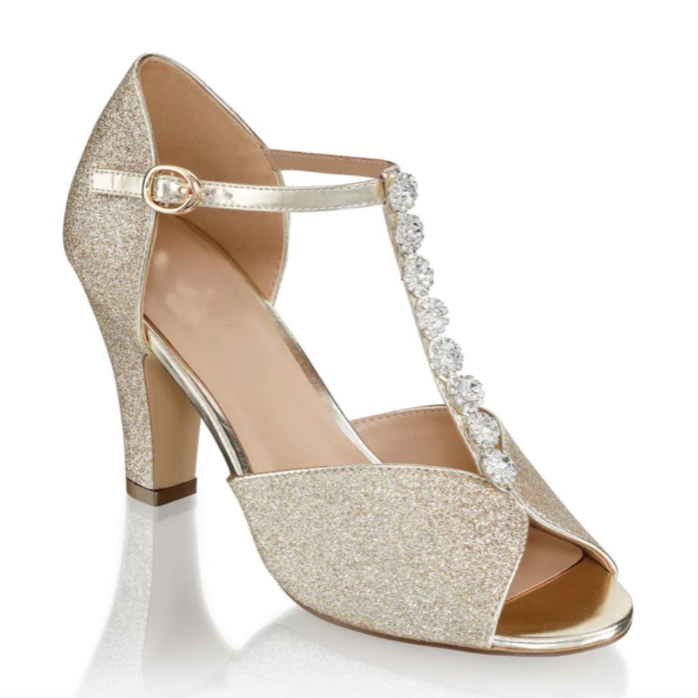 Champagne Glitter Vintage Inspired Crystal T Bar Wedding Peep Toe Mid Block Heel